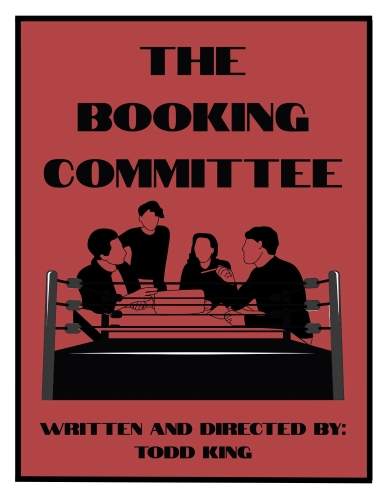 red and black program cover for The Booking Committee - line drawn people at a table having a meeting all while in a wrestling ring
